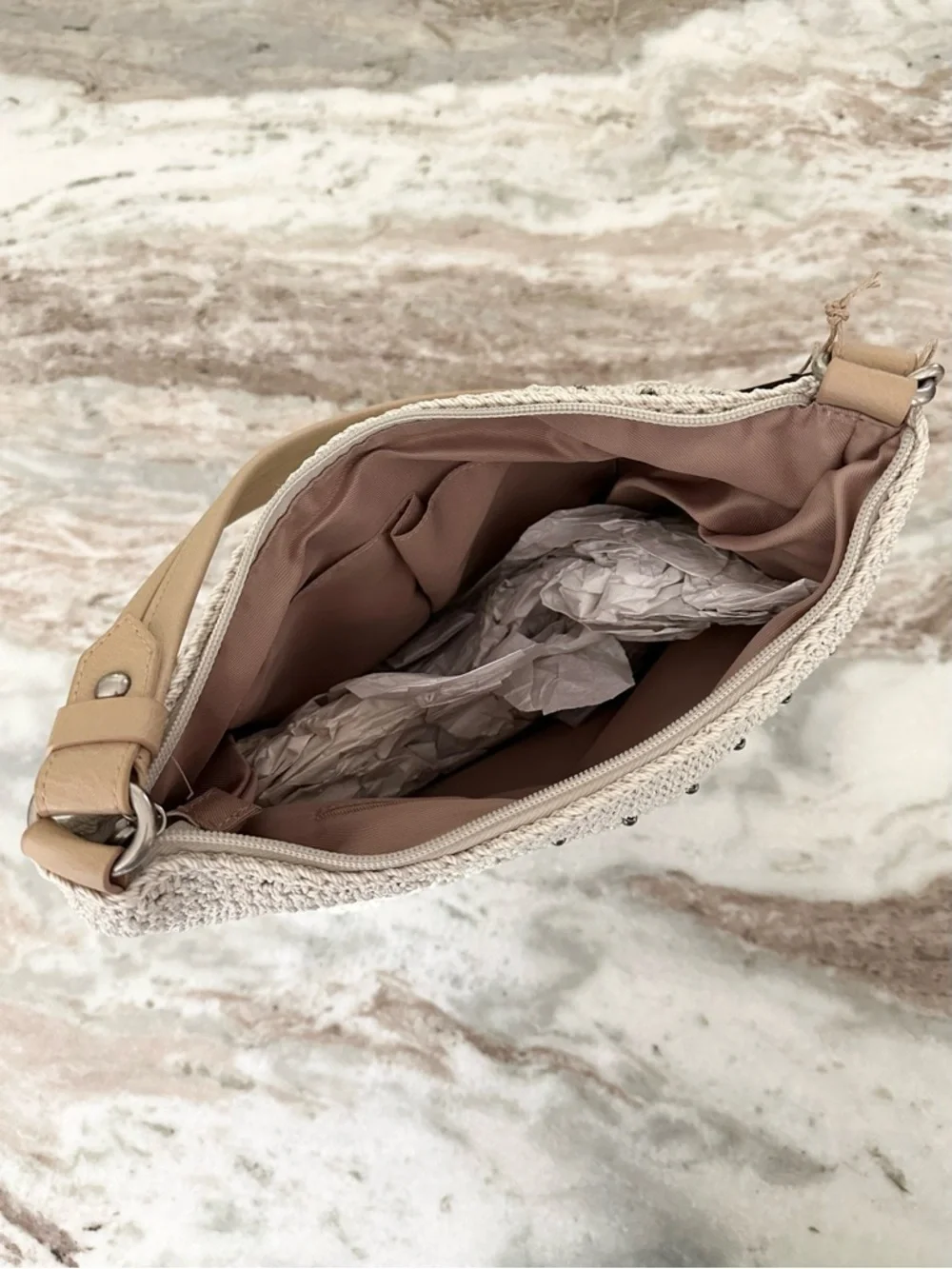 The Sak Sequoia Cream & Tan Crochet Leather Hobo Shoulder Bag with Bag Charm - Picture 15 of 17